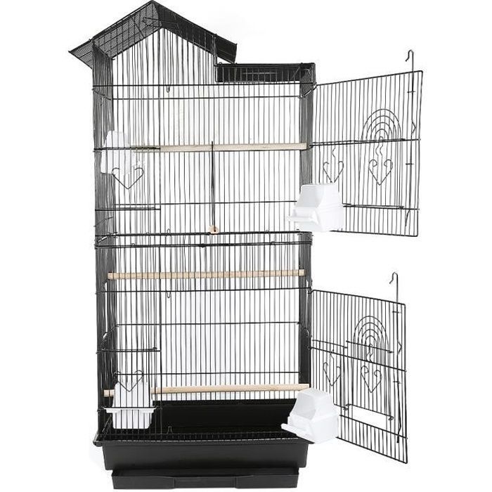 Grote volière met 4 voerbakken / 3 zitstokken voor vogels, kooi op wielen, voor kanaries, papegaaien, grasparkieten en andere vogels.