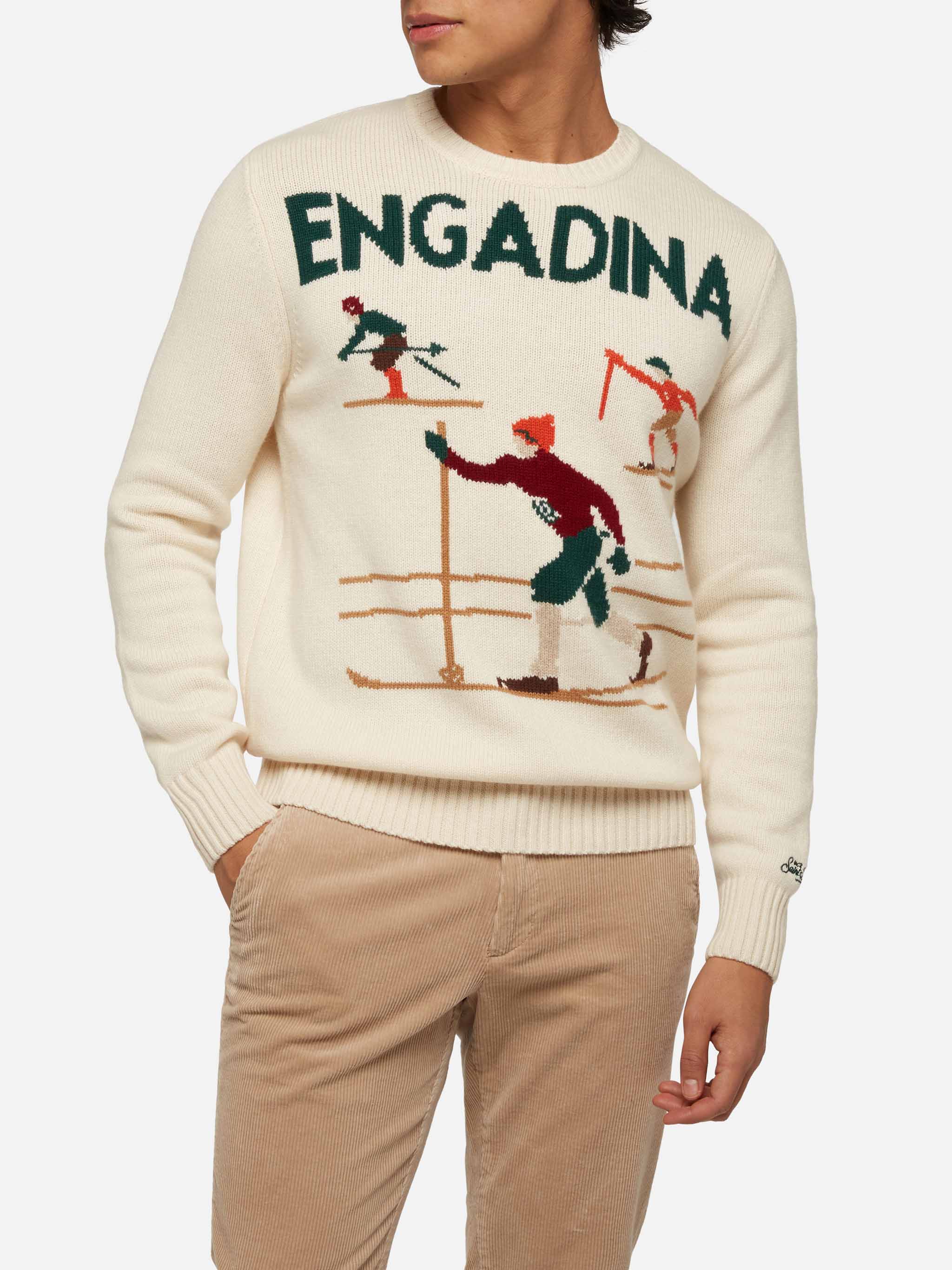 Bombardino lichtwitte trui met Engadina skiërsjacquard.