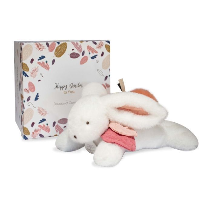 Doudou et Compagnie - Conejo de Peluche - 25 cm - Conejo Pompón Blanco/Terracota - Bonita Caja de Regalo - Happy Boho - Happy Doudou To