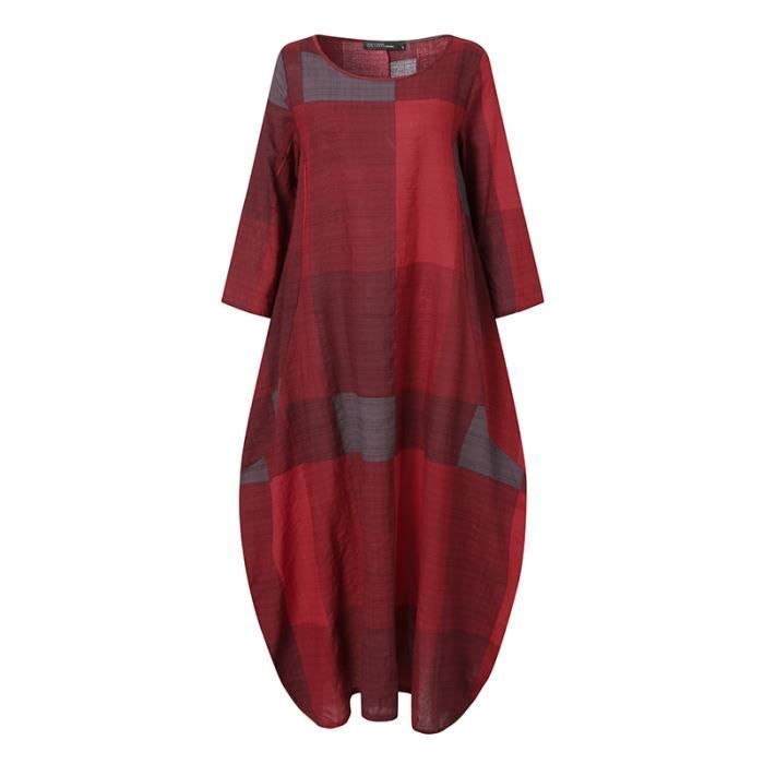 Robe Décontractée À Manches Longues Pour Femmes À Carreaux Vintage Parti Longues Rouge