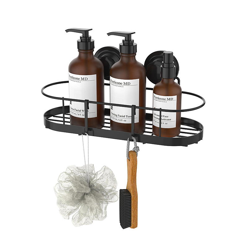 Estante de ducha individual para el hogar, 30,5 x 13 x 14 cm, con ventosa, color negro.