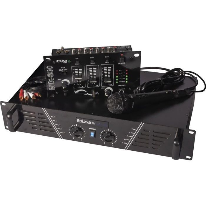 COMPLETE SOUND SYSTEM PACKAGE Disco 480W IBIZA SOUND DJ300 Amplifier - Mixer - Speakers - Microphone, UFO LED Strobe Light Effect