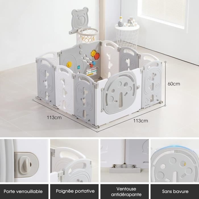Parque infantil plegable de 10 paneles, parque infantil modular con aro de baloncesto, parque infantil de plástico, 113 × 113 cm, gris.