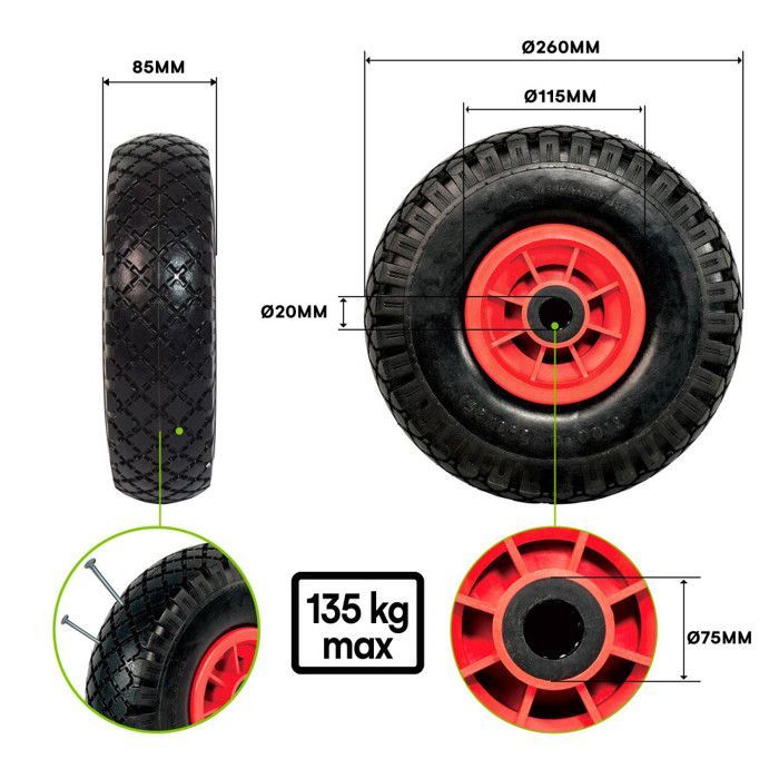 Lekbestendig steekwagenwiel 260 mm x 85 mm - 3.00-4 boring 20 mm kunststof velg - Ideaal voor steekwagens en trolleys