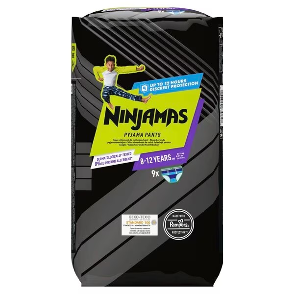 „Pampers Ninjamas“ berniukų 8–12 metų pižamos kelnaitės<br>Medicinos prietaisas – 8–12 metų dydis, 9 dalys