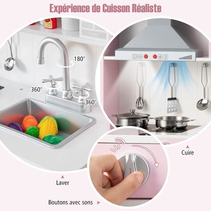 Cocina de juguete de madera COSTWAY para niños de 3 años en adelante - 5 accesorios, efectos de sonido y luz con teléfono, rosa