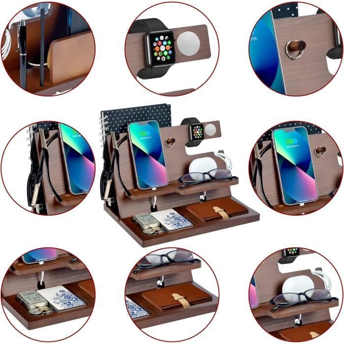 Cadeau Homme Noel Station d'accueil en bois pour Téléphone Tablette Station de Charge Montre Connectee Compatible avec