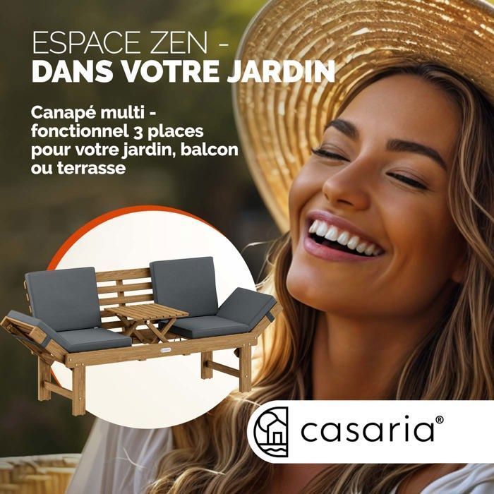 CASARIA Banc de jardin en bois avec table 200x50cm résistant aux intempéries Pliable 3 places jardin balcon bain de soleil