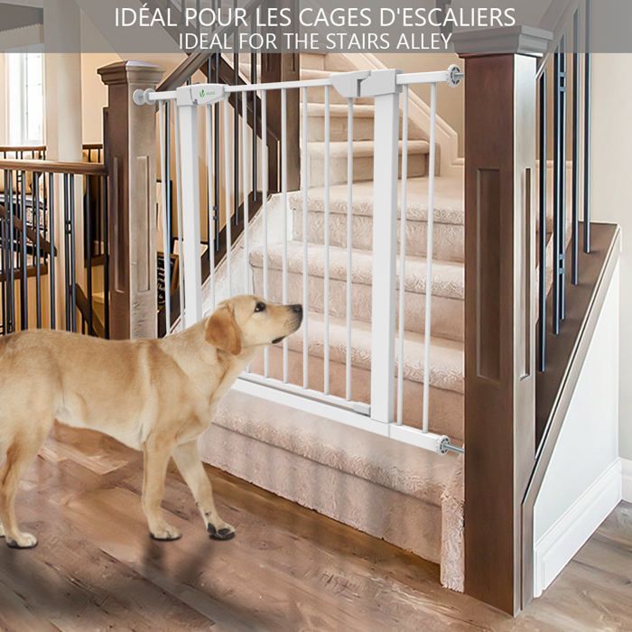 VOUNOT® Barrière de sécurité en métal - 100 à 108 cm - Sans perçage - Fermeture auto et magnétique, double verrouillage - Blanc