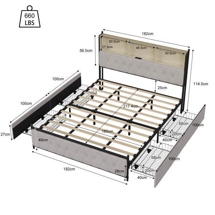 Letto matrimoniale 180x200 cm - Letto contenitore con 4 cassetti - Letto imbottito con illuminazione a LED e porte USB - Andeonline - Velluto beige