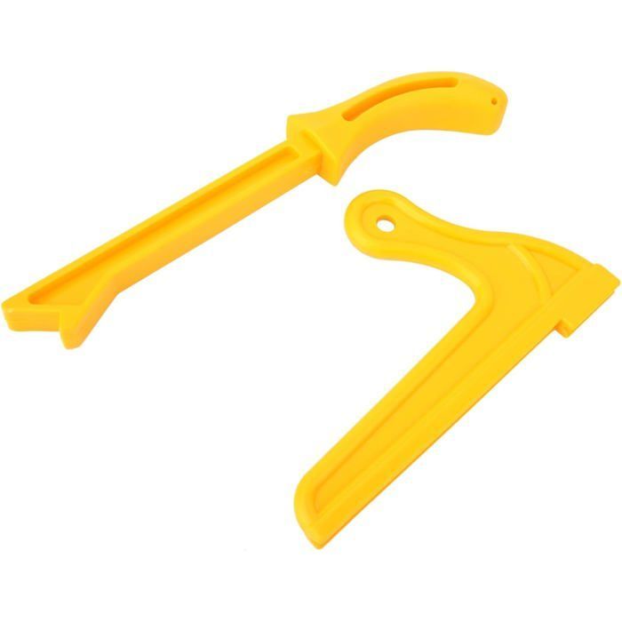 2 empujadores de seguridad amarillos: ideales para sierras de mesa y fresadoras de madera.