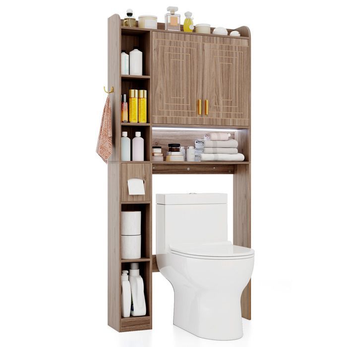 Mueble de baño sobre el inodoro COSTWAY con iluminación LED, 2 puertas y 6 compartimentos abiertos, portarrollos de papel higiénico, estante ajustable, blanco