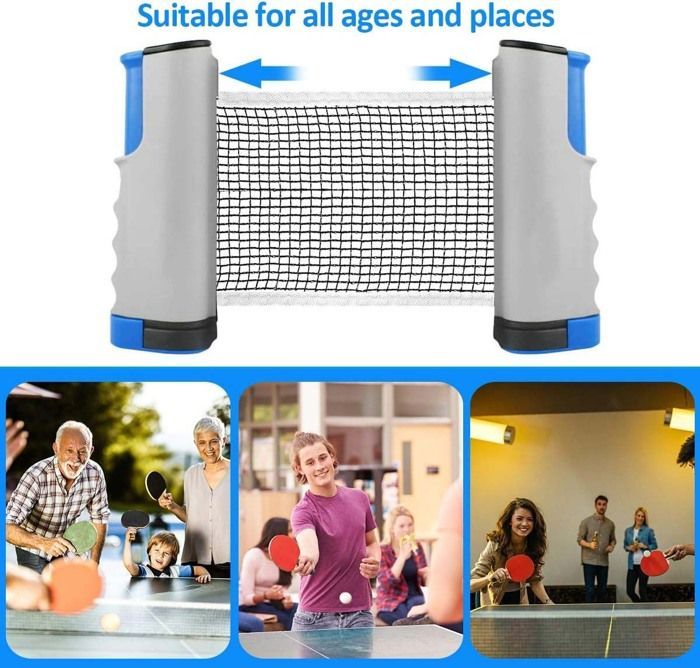Table Tennis Racket Set - Grey, 2 Table Tennis Rackets + Retractable Table Tennis Net + 3 Balls