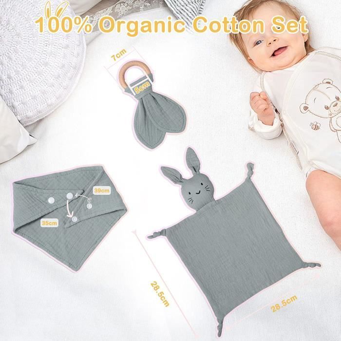 Coffret Naissance Bébé - AQSACOKIYA - 100% Coton Doux - Menthe - Doudou, Bavoir et Anneau Cadeau Kit