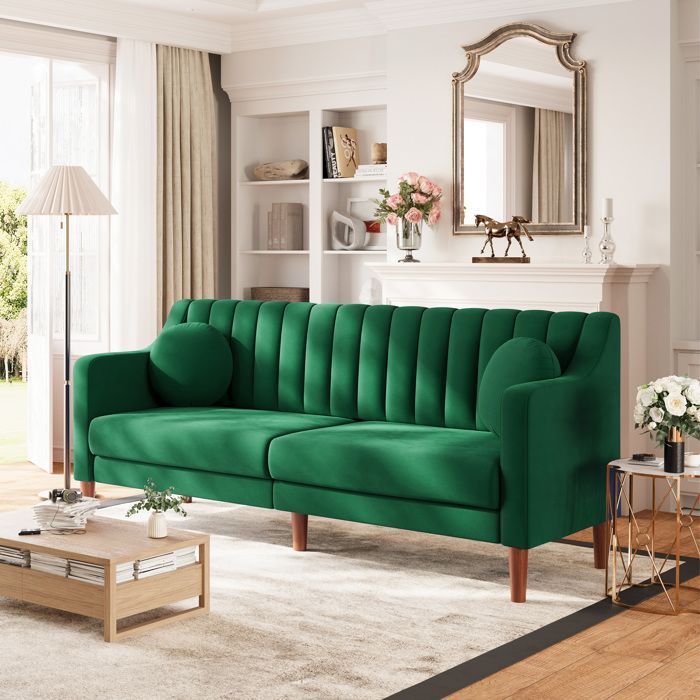 Grand Canapé 3 Places en Velours avec 2 oreillers,Canapé Scandinave pour Salon Chambre Bureau,Pieds Bois Massif,206x74x83cm,Vert