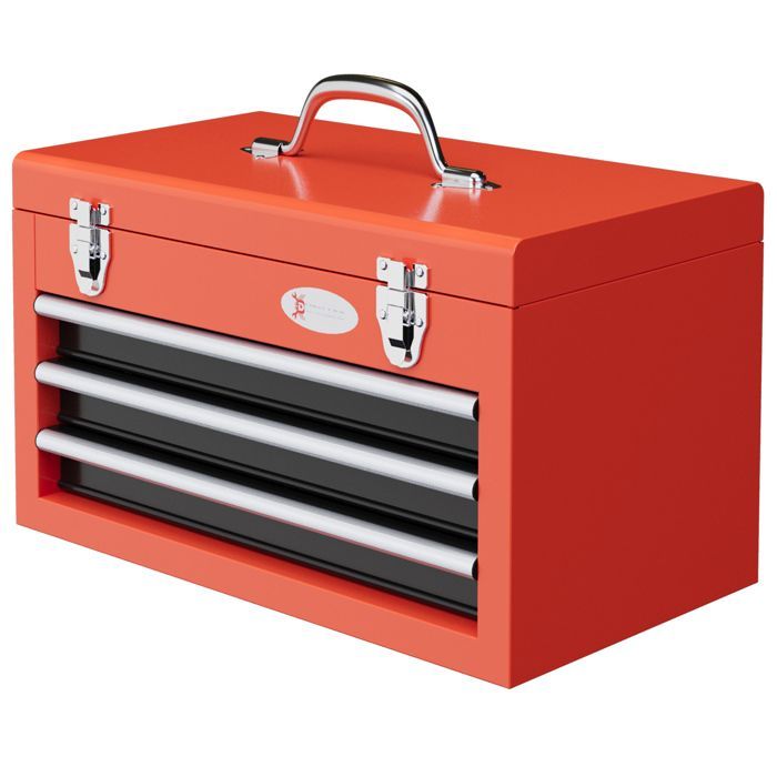 Caja de herramientas - DURHAND - acero, 3 cajones deslizantes, 1 bandeja, asa con cerradura, alfombrilla - acero - 45x24x27cm - rojo