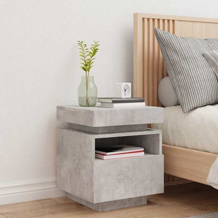 Mesa de cabeceira vidaXL com luzes LED, mesa de cabeceira com espaço de armazenamento, mesa de cabeceira para quarto, moderna, madeira cinza concreto 836790