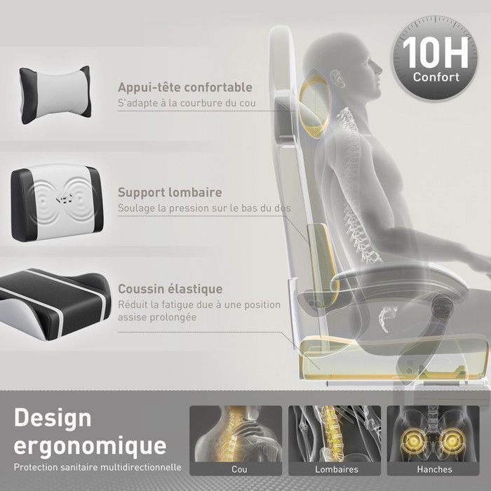 ECOFURNIX Fauteuil de Bureau Massant, Fauteuil Gaming Réglable avec Coussin de Massage Lombaire et Repose-Pieds, Noir et Blanc