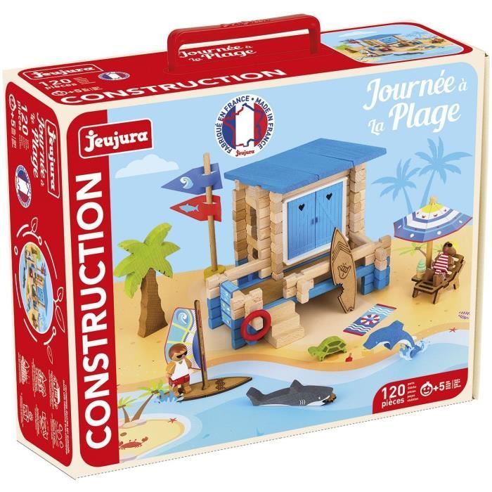 Journée à la Plage 120 Pièces - JEUJURA - Jeu de Construction en Bois Naturel, Tapis et Accessoires Inclus, 32x27x11 cm