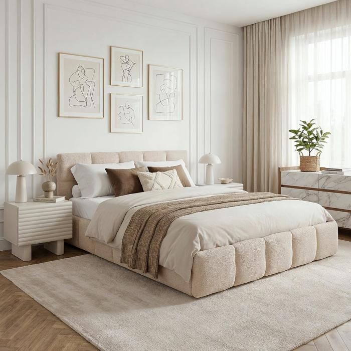 Lit Double CLOUDY, Lit Rembourré 160 x 200 cm Queen Size, Beige, Confort Optimal avec Sommier à Lattes Inclus