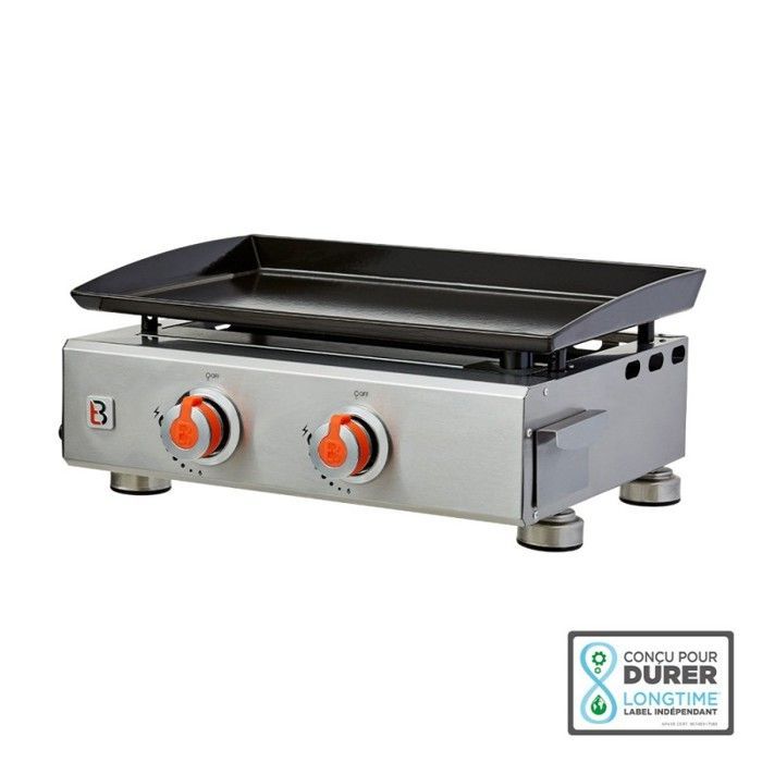 Plancha à gaz Alicia II Inox 2 feux - BRASERO - 2 brûleurs - 52 x 34 cm - Plaque acier émaillée - Jusqu'à 8 convives - 5 kW, Grise