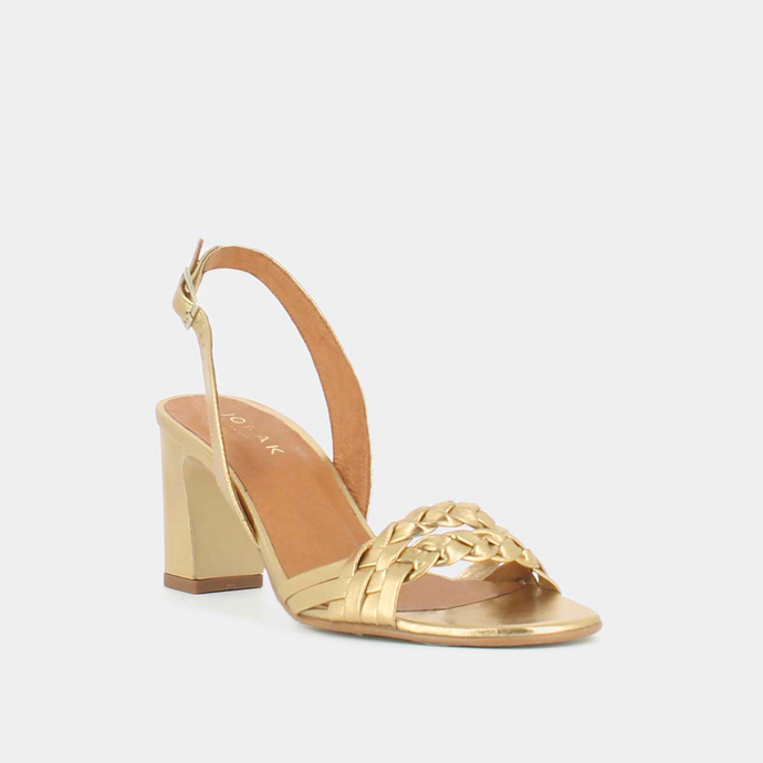 Sandales tressées à talons  en cuir métallisé or