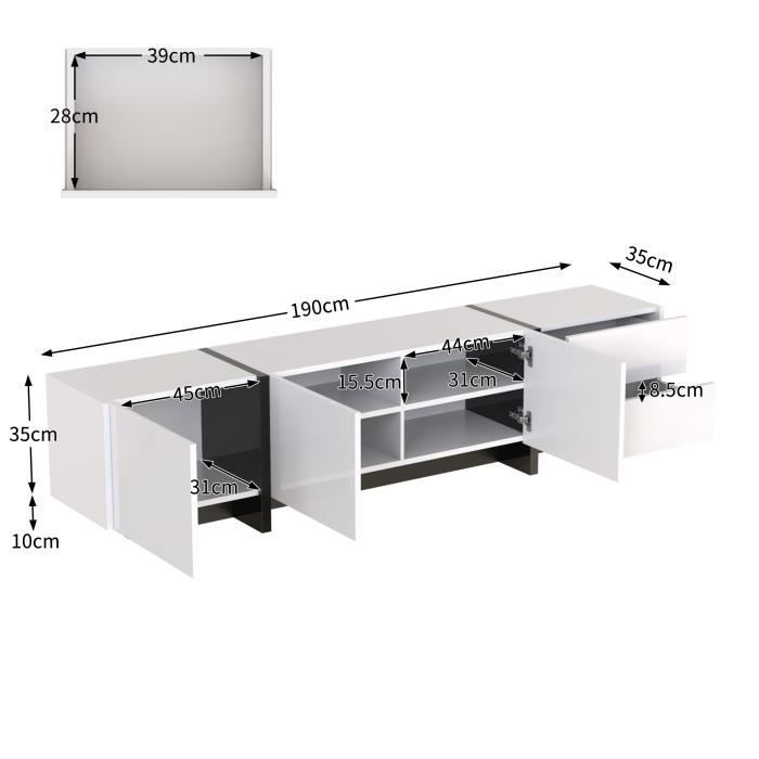 Mobile TV moderno 190 cm - MODERNLUXE - Bianco - 3 ante - 2 cassetti