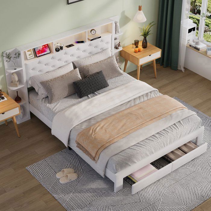Complete slaapkamerinrichting voor volwassenen, bestaande uit een bedframe van 160x200 cm, een tweepersoonsbed, een opbergbed van 160x200 cm, een LED-bed van 160x200 cm, een USB-poort, opbergruimte, LED-verlichting, 2 lades, fluweel en wit.