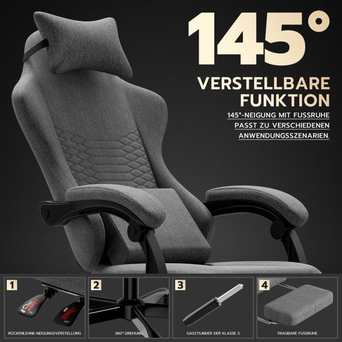 Fauteuil De Bureau Gaming, Chaise gaming massage ergonomique racing, appui-tête, repose-pieds, Gris Clair, 58.5x63x120.5cm