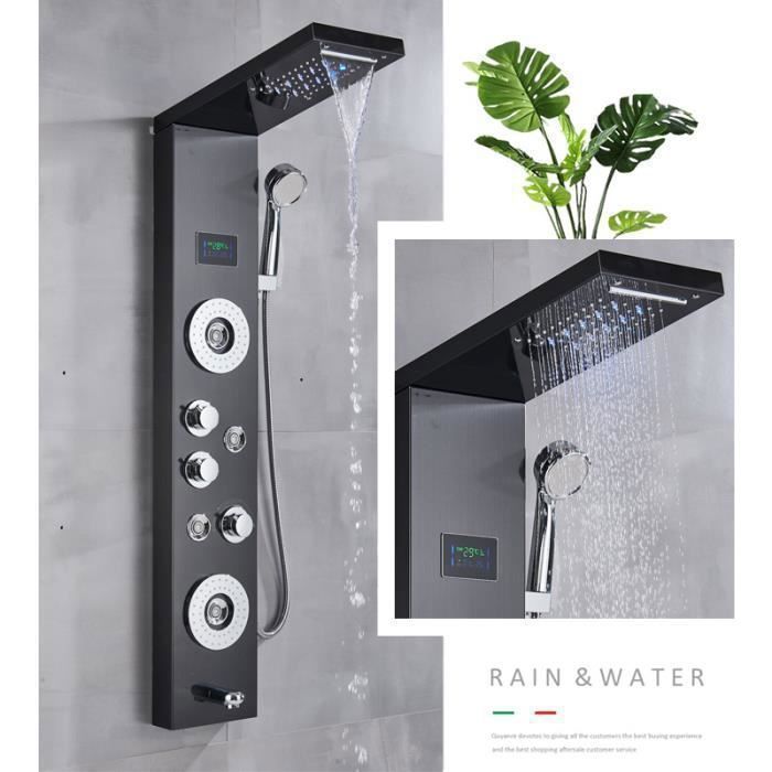 Columna de ducha negra JULLYBATHEVY con panel de ducha LED, ducha de mano y sistema de ducha con 5 chorros de hidromasaje.