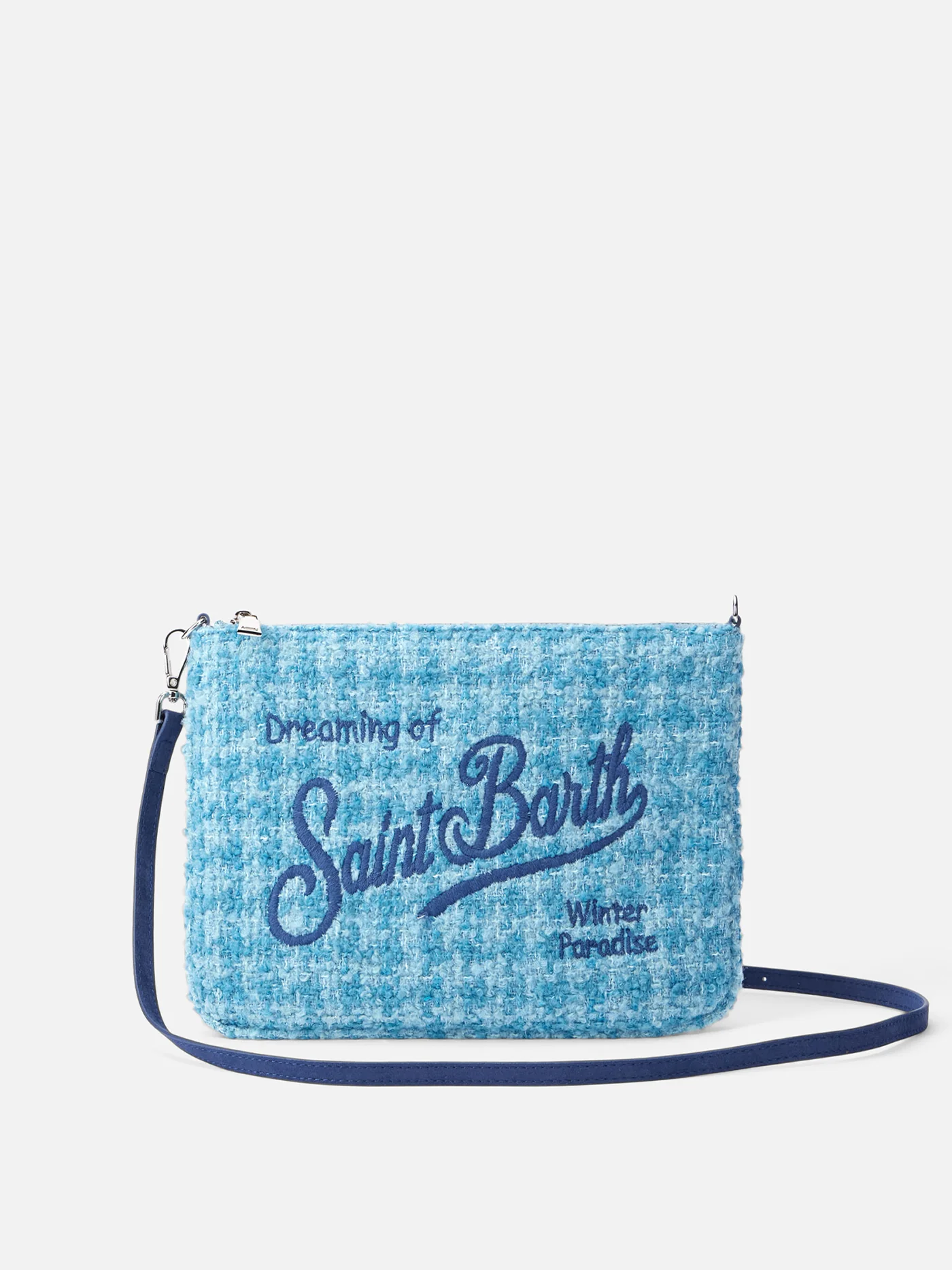 Pouch Parisienne in tweed blu con catena