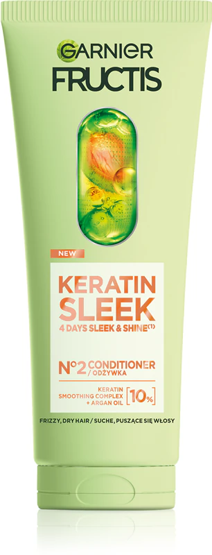 Condicionador de queratina Garnier Fructis Keratin Sleek para cabelos brilhantes e macios.