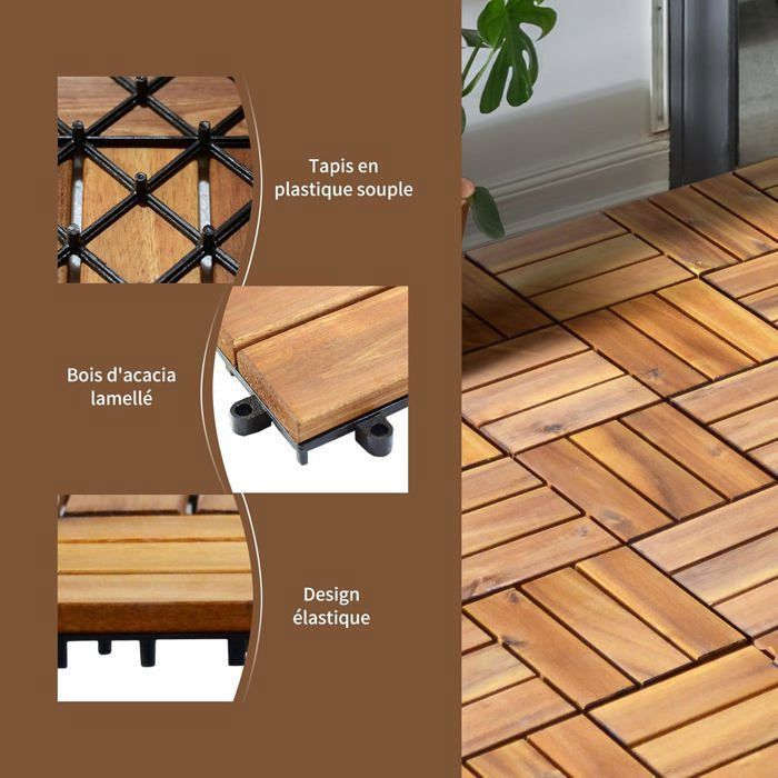 Sett med 27 COSTWAY 30 x 30 cm sammenlåsende terrassefliser i akasietre, foroljet med plastmatte – 12 lameller