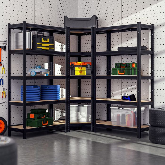 MONZANA® Juego de 3 estanterías de alta resistencia, 5 niveles, color negro, estantería metálica modular, capacidad de 2625 kg, estantería de esquina para garaje o taller.