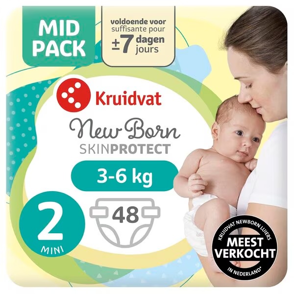 „Kruidvat 2“ naujagimio mini sauskelnės, vidutinė pakuotė, 2 dydis (3–6 kg), 48 vnt.