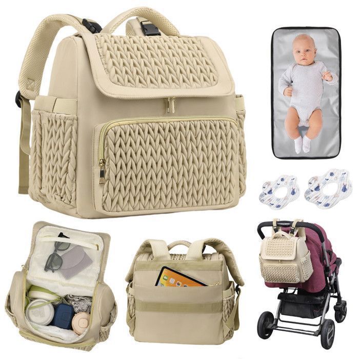 KENLUMO Baby Diaper Bag with Changing Mat, Large Capacity Maternity Bag for Girls and Boys, Beige