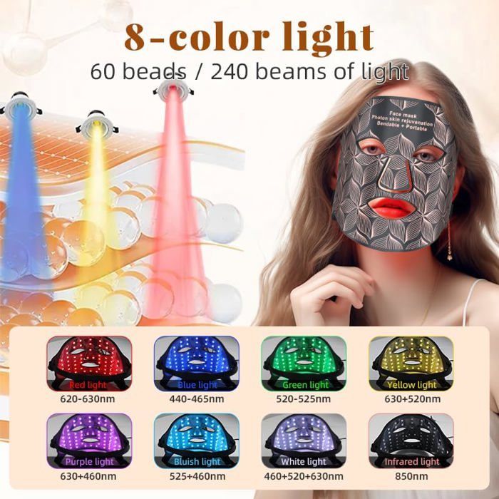 Masque LED pour le visage,8 couleurs,avec lumière rouge du cou,thérapie proche infrarouge,beauté,serrer Brown Mask with box