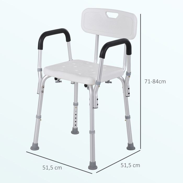 Silla de ducha - HOMCOM - altura regulable, patas antideslizantes, respaldo y reposabrazos extraíbles - aluminio HDPE - blanca