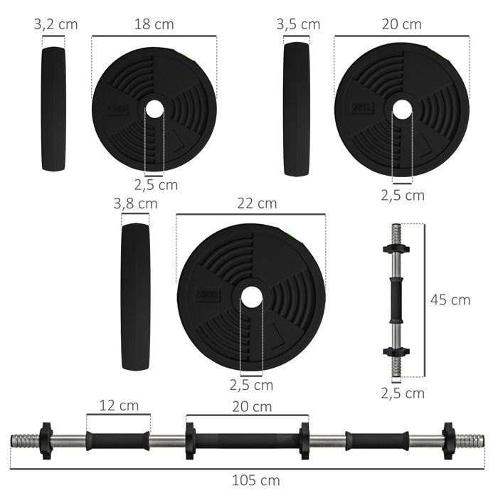 Haltères 2 en 1 réglables - SPORTNOW - avec poignées antidérapantes - 25 KG - barres incluses - entraînement musculaire