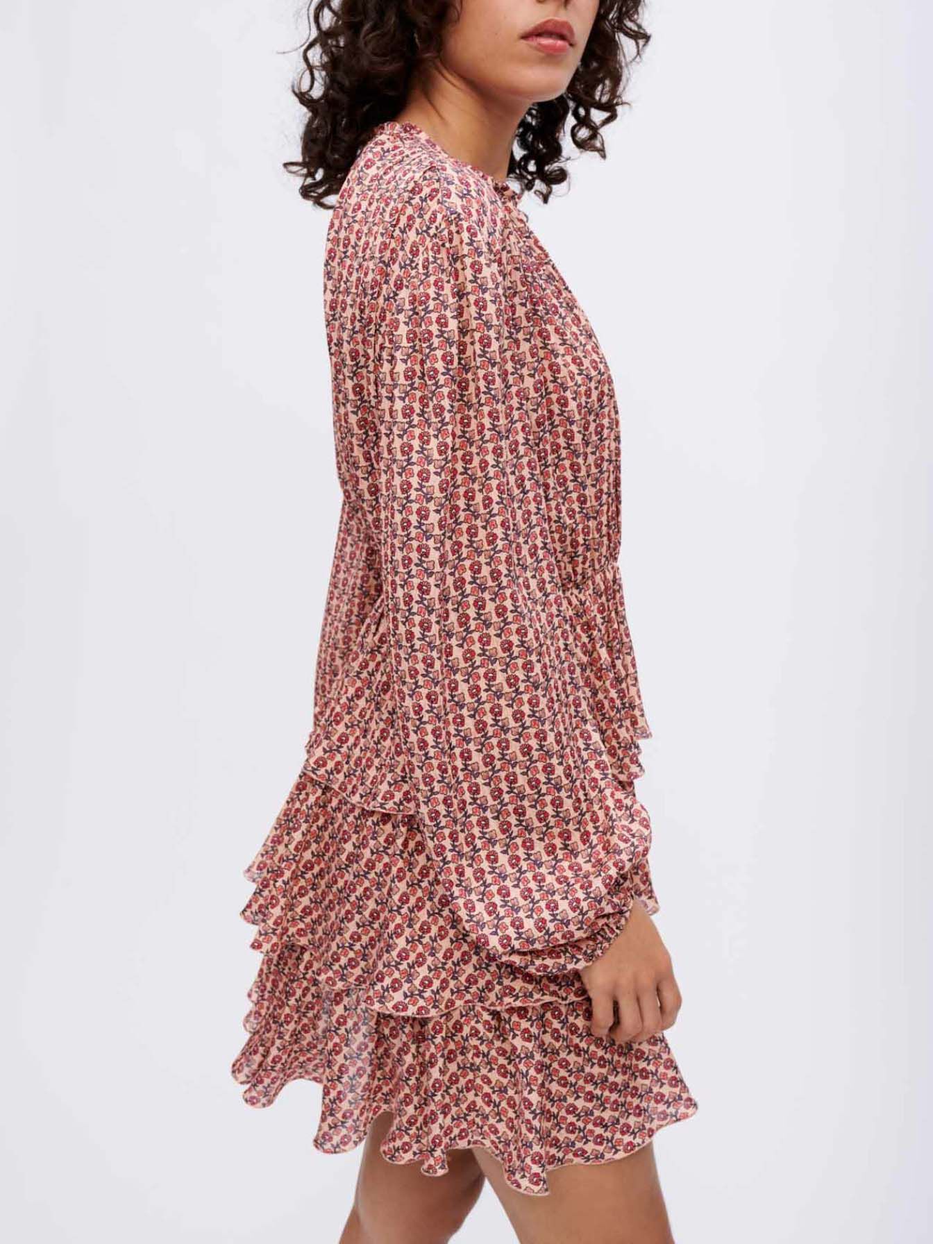 Rochie fluidă imprimată cu volane - Mini fleurs rose foncé