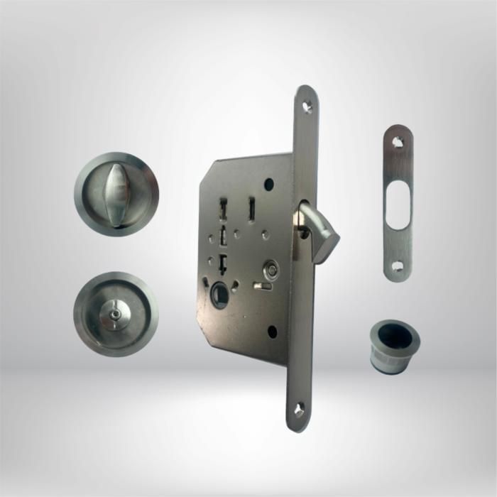 Sliding door lock with hook, 50mm backset, round rosettes, deadbolt + finger pulls + strike plate