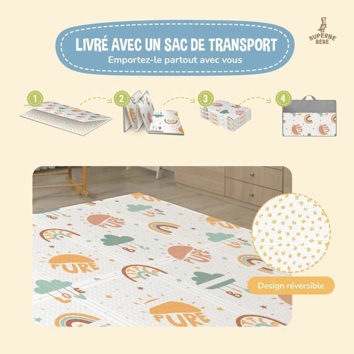 Omkeerbare en waterdichte opvouwbare speelmat - 180x120x1cm | Schuimrubberen speelmat voor kinderen - PURE BIG LOVE | SUPERBE BABE