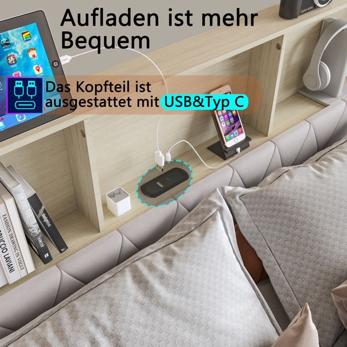 Cama de casal 180x200cm, cama king size com 4 gavetas, cabeceira com compartimento de armazenamento, LED, 2 tomadas.