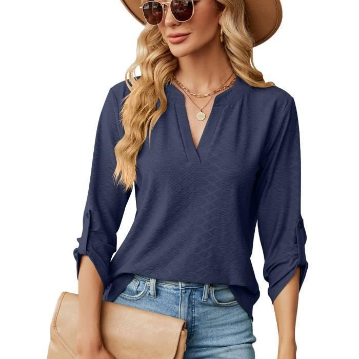 Dame V-hals 3/4 ærmet casual løs pullover top ensfarvet til forår og efterår - EU størrelse - Blå