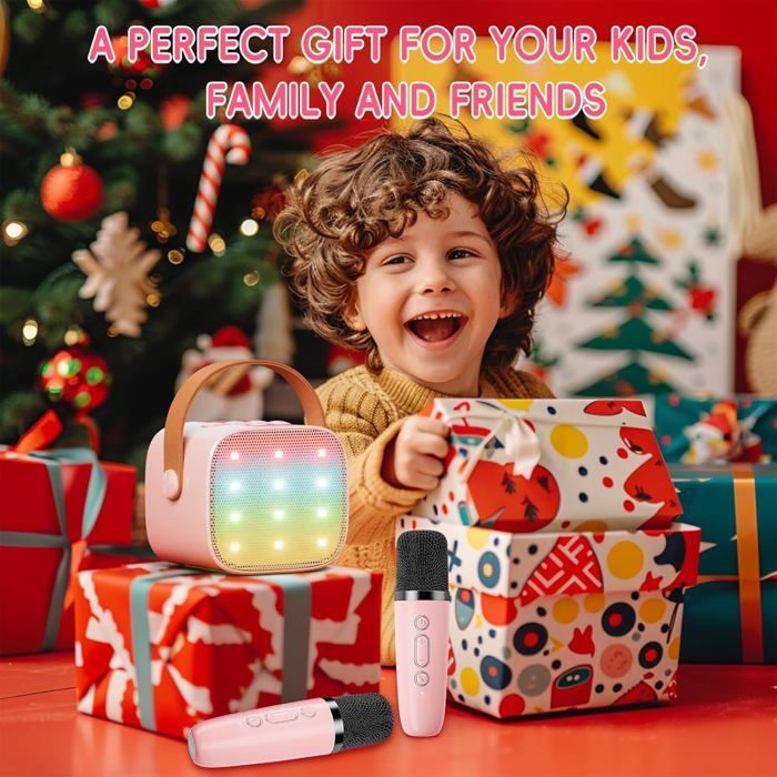 Set de micrófonos de karaoke para niños y adultos con 2 micrófonos inalámbricos, altavoz de karaoke Bluetooth portátil, luz LED de karaoke, regalo de Navidad para niños, juguete para niñas