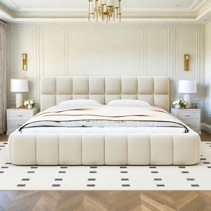 Lit adulte - TANANT - Lit double rembourré moderne - 140 x 190 cm - Tissu en lin beige - Design contemporain
