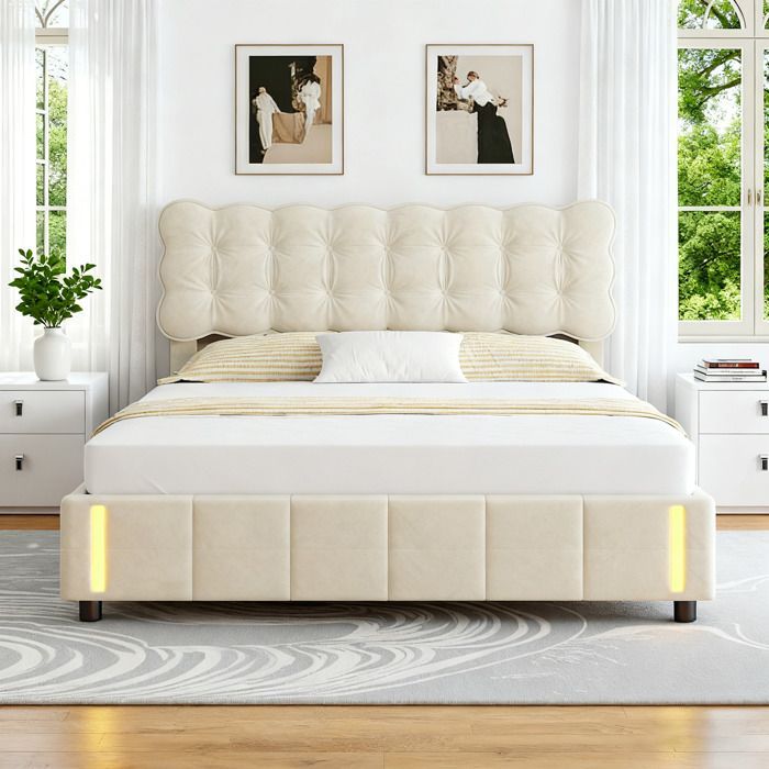 Letto matrimoniale 160x200 cm con contenitore, letto contenitore con illuminazione a LED, letto imbottito con rete a doghe, letto per adulti, velluto, beige