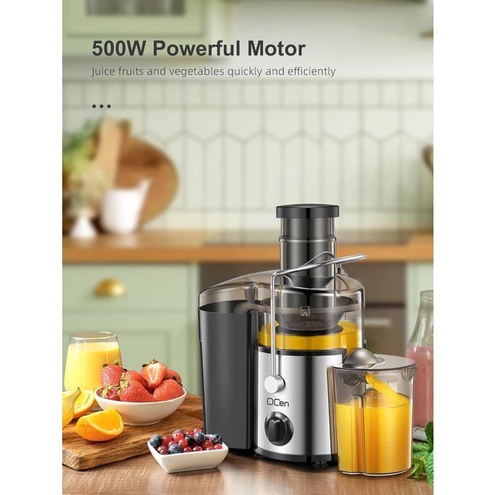 Spremiagrumi centrifugo da 500 W con ampia apertura di alimentazione da 7,6 cm, facile da pulire, in acciaio inossidabile, senza BPA.