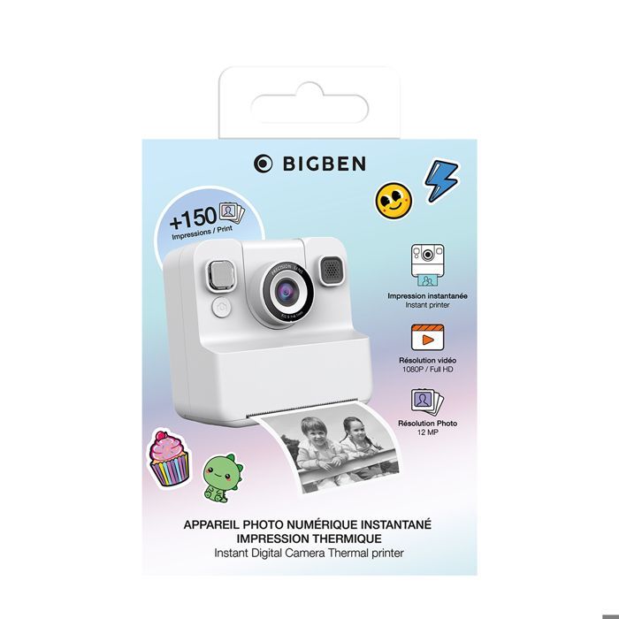 Câmera digital instantânea BigBen branca de 12MP, Full HD 1080P com impressão térmica.