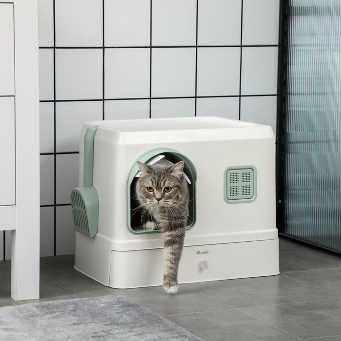 Bac à litière pour chat - PawHut - maison de toilette avec pelle et 2 désodorisants inclus - dim. 40 x 50 x 40 cm - blanc